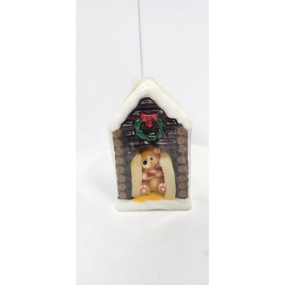 Vintage Jasco Snow Holiday Shelters Teddy Bear in Long Cabin Christmas Candle 5